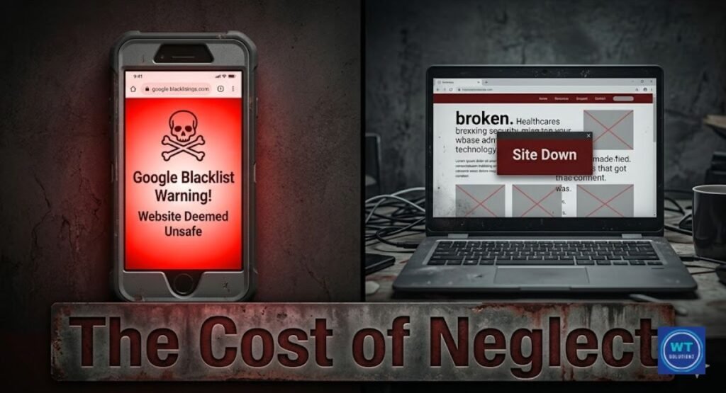 Website security threats graphic showing a google blacklist warning and a broken website from neglect