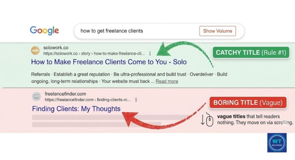 Comparison of boring vs catchy website titles in Google search results demonstrating higher CTR