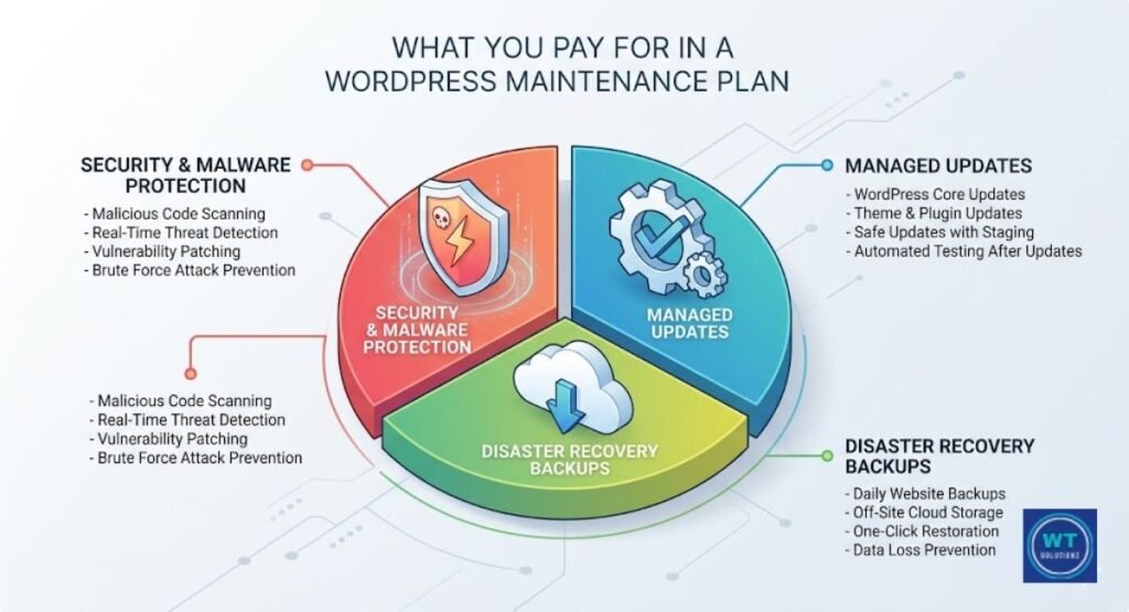 Core services included in WordPress maintenance cost: security malware protection managed updates and disaster recovery backups