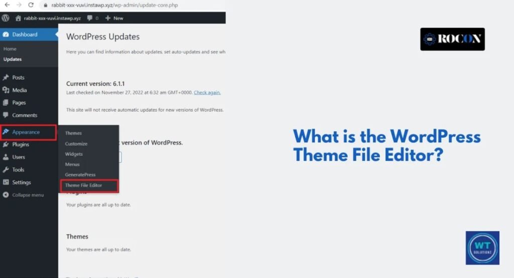 WordPress Dashboard Appearance Theme File Editor menu with functions.php