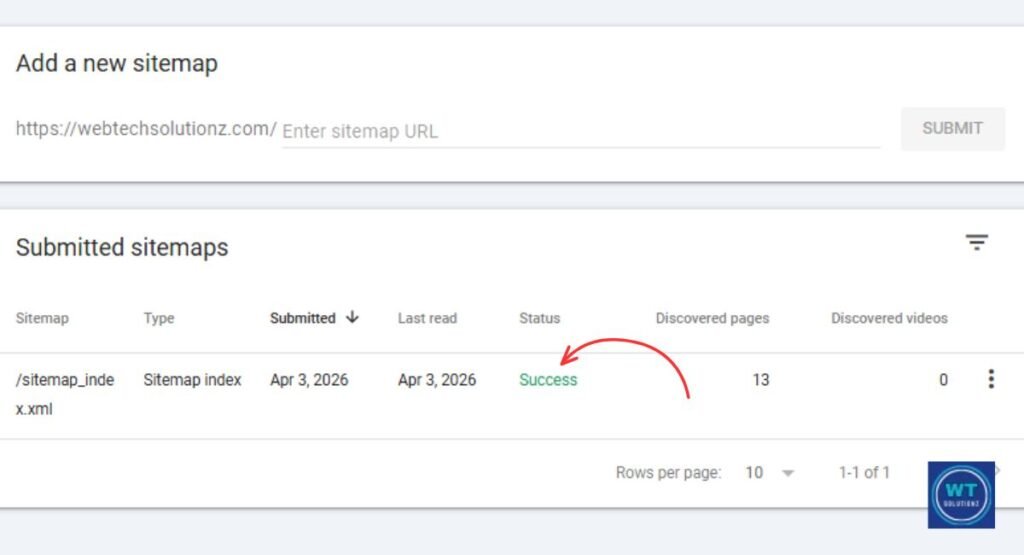 Google Search Console sitemap status showing a green success message after submission