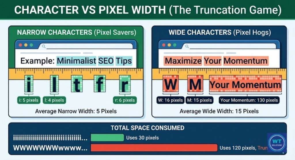 meta description pixel width differences between narrow characters like 'i' and wide characters like 'W'