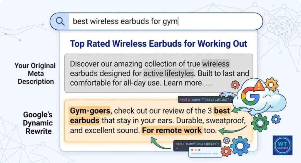 showing the process where Google dynamically rewrites a generic meta description to match a specific user search query
