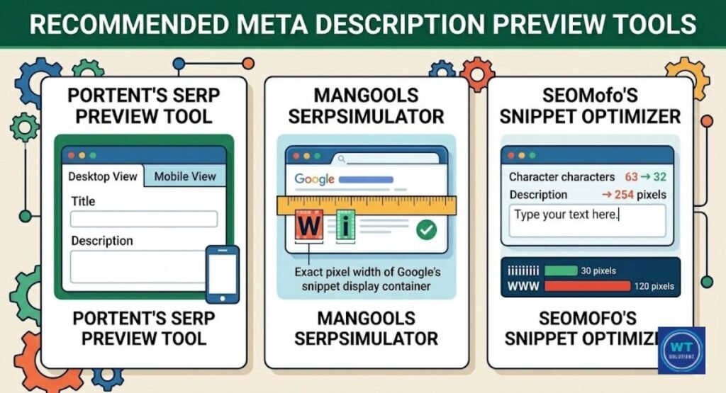 card guide showcasing Portent's SERP Preview Tool, Mangools SERPsimulator, and SEOmofo's Snippet Optimizer for pixel-accurate meta descriptions