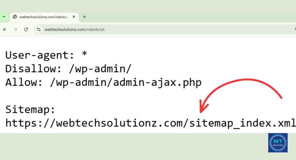 Website robots.txt file showing the sitemap URL path for search engine crawlers