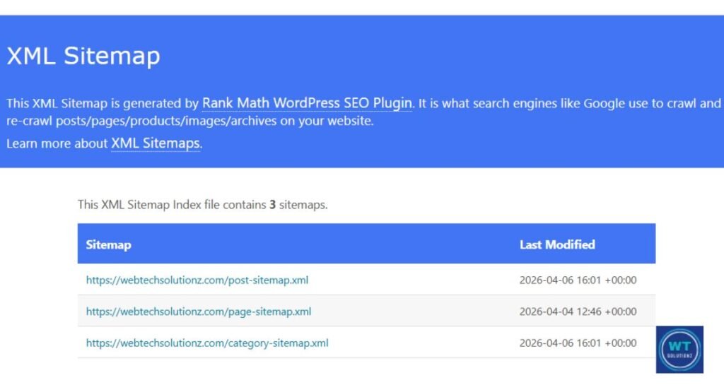 Example of a website XML sitemap index file showing a list of URLs in a browser