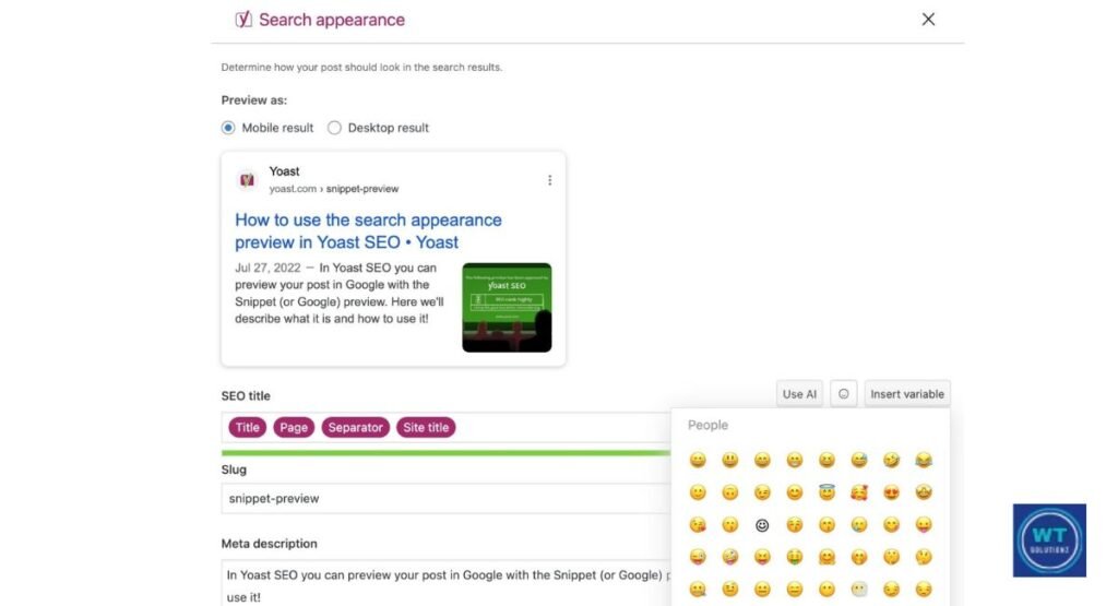 Yoast SEO meta description variables settings